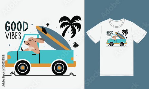 Cute dog driving car illustration with tshirt design vector