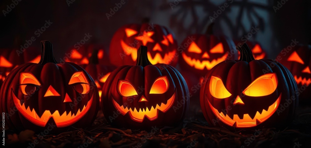 Fototapeta premium Glowing carved pumpkins with sinister grins, demonic eyes, and wicked smiles in spooky Halloween night darkness, evil, horror