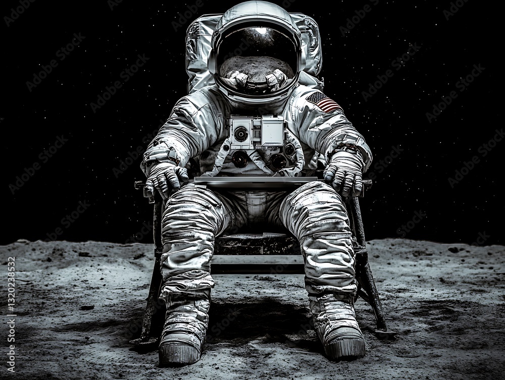 An astronaut seated in a chair on a lunar surface is visible An astronaut seated in a chair on a lunar surface is visible