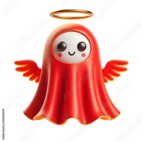 Cute 3d RED ghost cloak surrounded by a golden halo isolated on white background