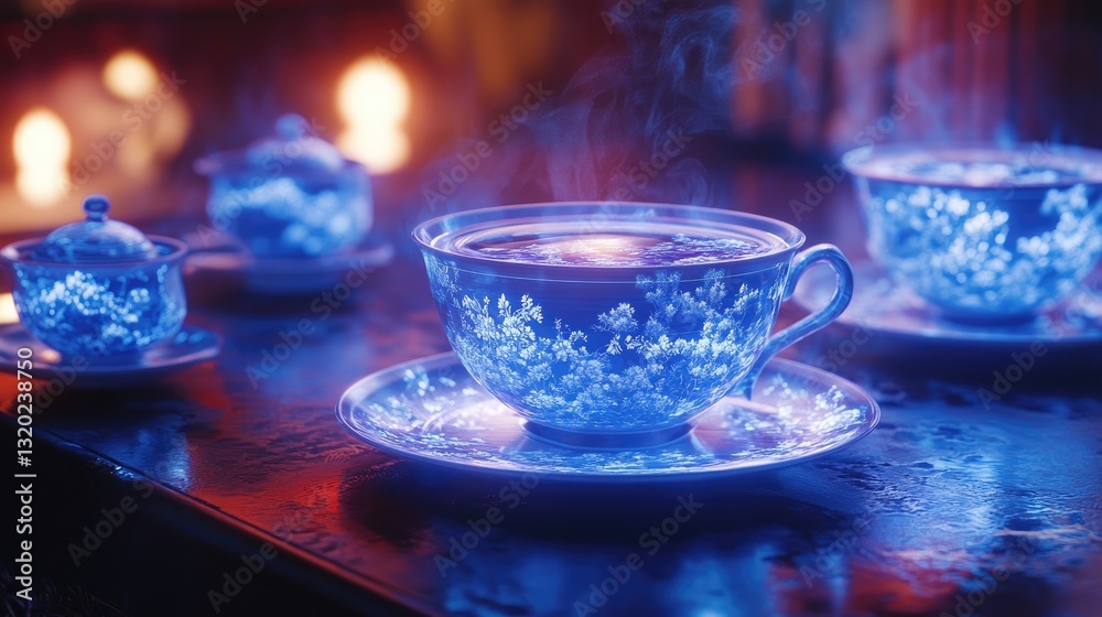 Fototapeta premium Steaming Teacup and Tea Set in Blue Hues