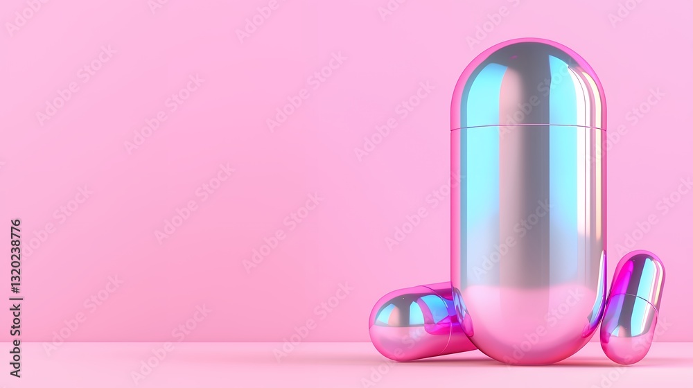 Iridescent Metallic Capsule on Pink Background Iridescent Metallic Capsule on Pink Background