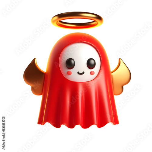 Cute 3d RED ghost cloak surrounded by a golden halo isolated on white background