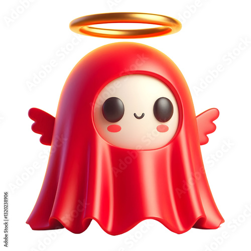 Cute 3d RED ghost cloak surrounded by a golden halo isolated on white background