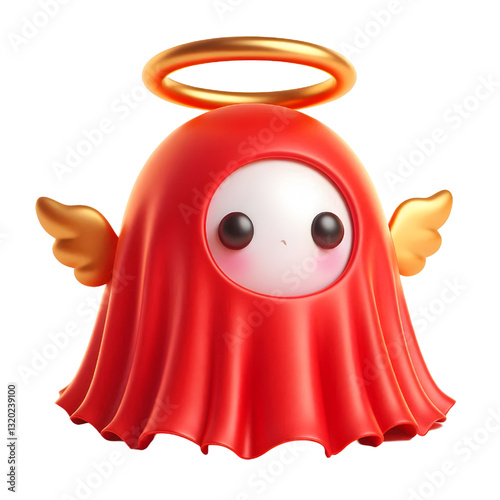 Cute 3d RED ghost cloak surrounded by a golden halo isolated on white background