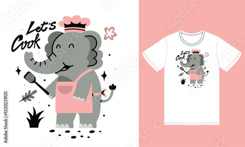 Cute elephant cooking illustration with tshirt design vector