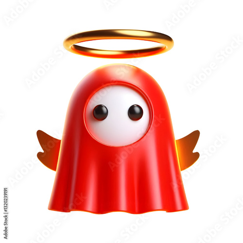 Cute 3d RED ghost cloak surrounded by a golden halo isolated on white background