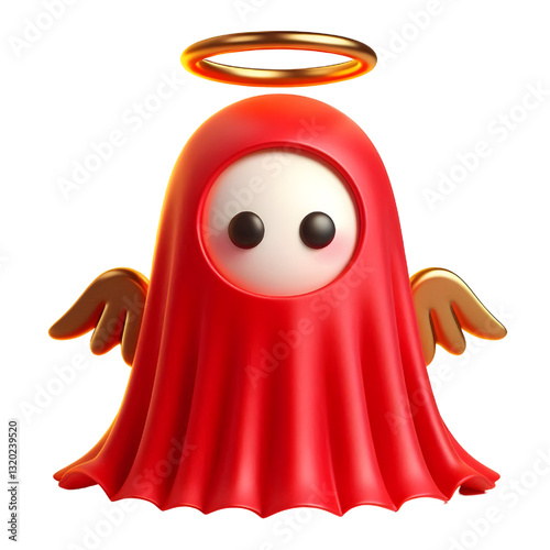 Cute 3d RED ghost cloak surrounded by a golden halo isolated on white background