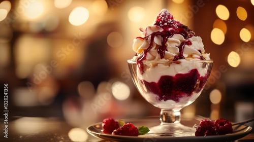 Delicious dessert with whipped cream, berries, and sauce