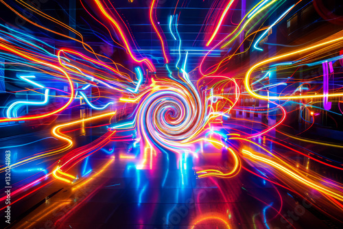 Neon Light Swirl in a Futuristic Cyber Tunnel