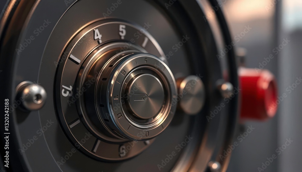 Industrial safe's combination lock, close-up view, dial, keypad Industrial safe's combination lock, close-up view, dial, keypad
