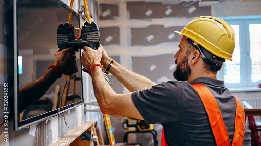 Mastering the Installation: A skilled tradesman, diligently installs a modern television, combining technical expertise with precision.