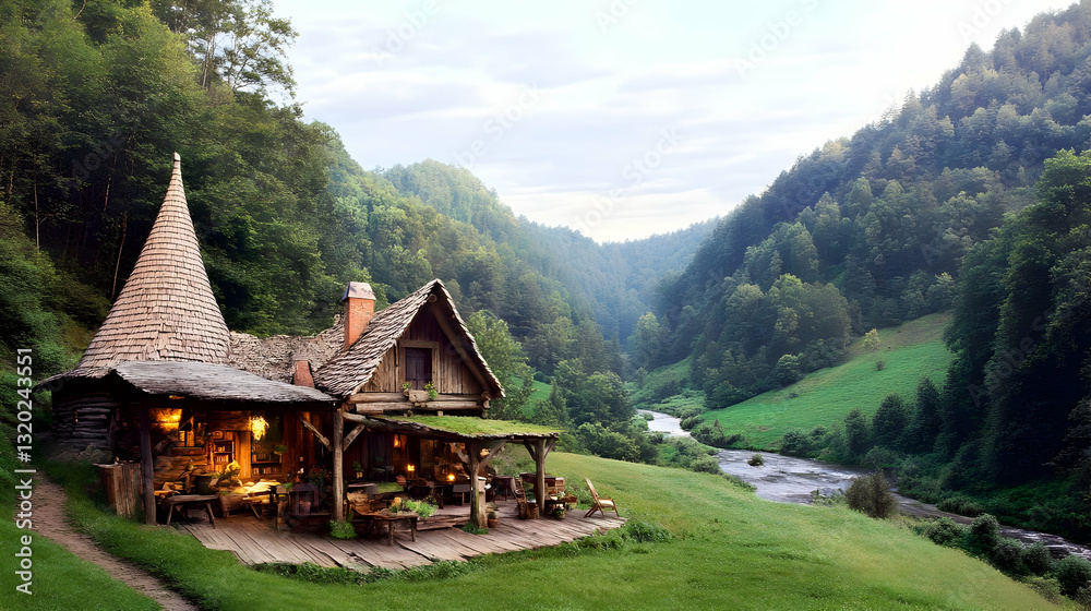 Rustic Wooden Cabin Nestled in Verdant Valley Landscape with River Rustic Wooden Cabin Nestled in Verdant Valley Landscape with River