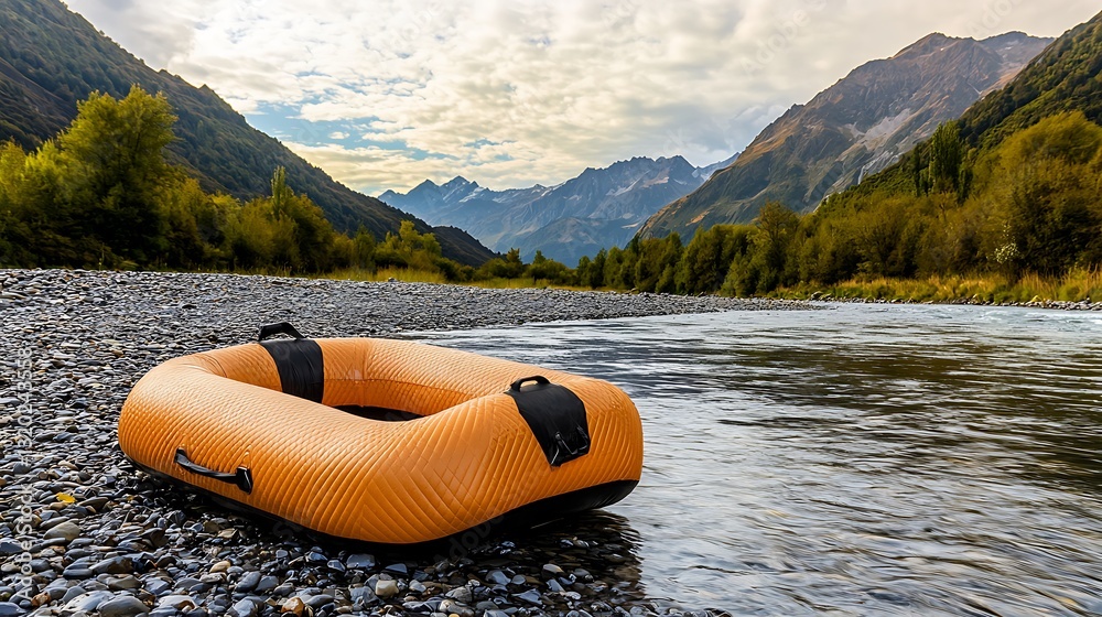 Obraz premium Vibrant orange inflatable tube resting on a riverbank surrounded by majestic mountains and clear skies