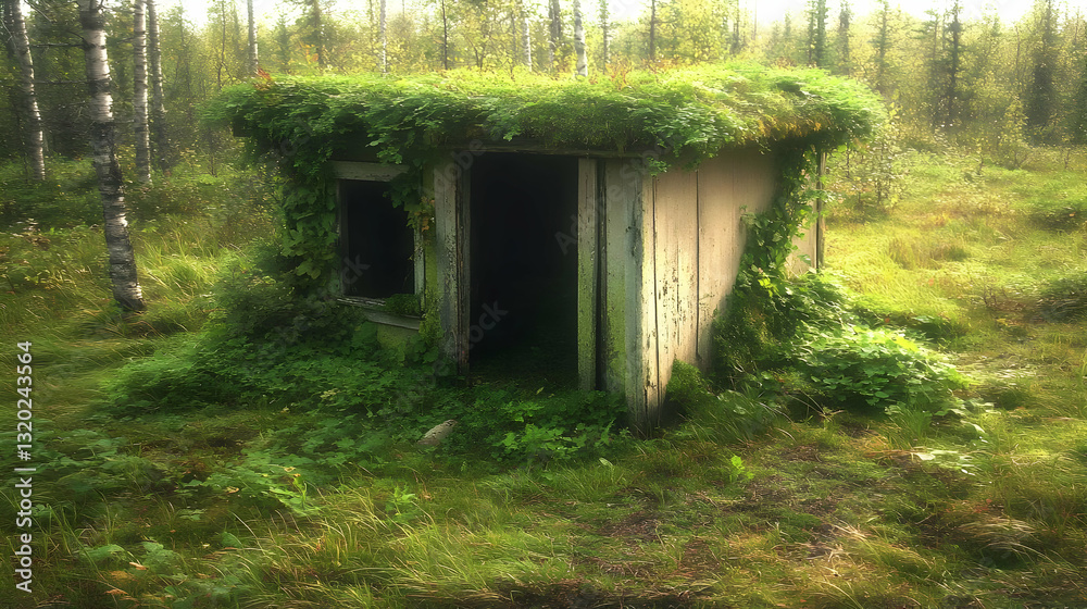 Overgrown Rustic Wooden Shed in Lush Green Forest, Sunlight Dappled, Idyllic Scene Overgrown Rustic Wooden Shed in Lush Green Forest, Sunlight Dappled, Idyllic Scene