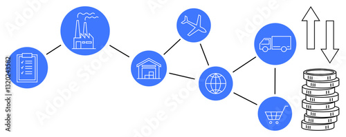 Visual representation of supply chain process showing manufacturing, warehousing, transport via air and truck, global reach, commerce, and cost analysis. Ideal for logistics, manufacturing, business