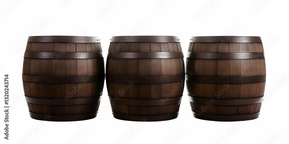Three Dark Brown Wooden Barrels Arranged in a Row on White Background; Rustic, Vintage, Storage, Decorative Three Dark Brown Wooden Barrels Arranged in a Row on White Background; Rustic, Vintage, Storage, Decorative