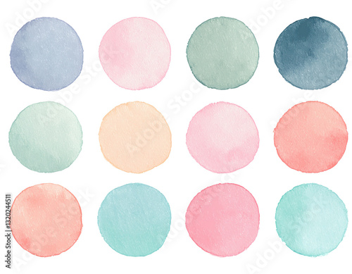Set of hand-painted watercolor circles in pastel tones, isolated on white background