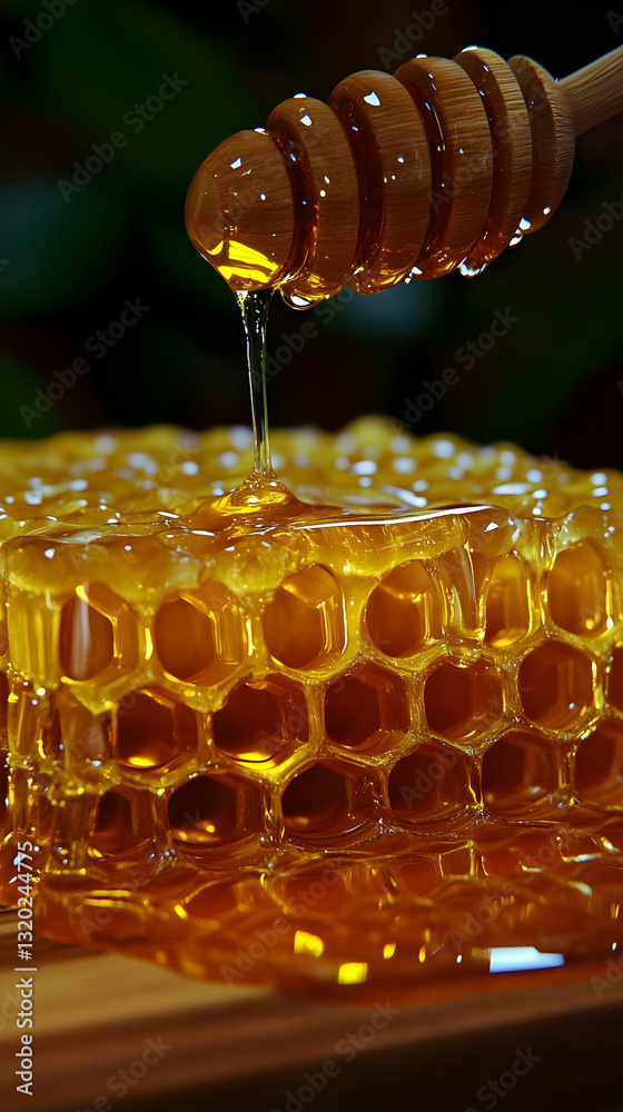 Golden Honey Dripping from Wooden Dipper onto Honeycomb, Close-up View of Sweet Viscous Liquid, Natural Texture and Amber Hues, Delicious Golden Honeycomb Golden Honey Dripping from Wooden Dipper onto Honeycomb, Close-up View of Sweet Viscous Liquid, Natural Texture and Amber Hues, Delicious Golden Honeycomb