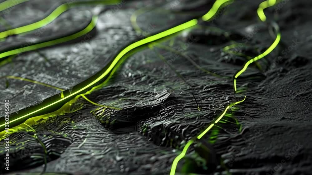 Abstract Neon Veins: An abstract artistic image features glowing neon green veins coursing across a rough, textured dark surface, creating a dynamic and mysterious visual experience.