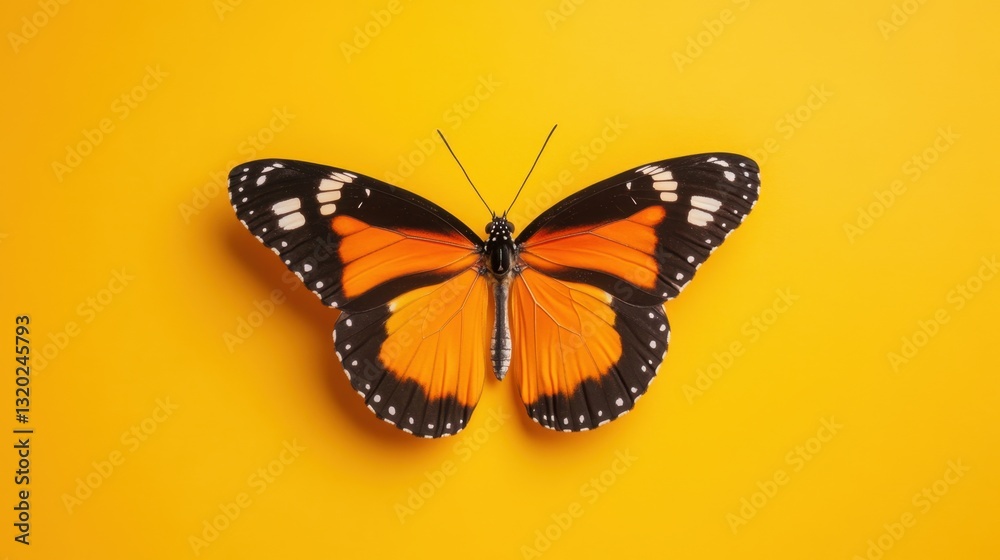 Obraz premium Vibrant Monarch Butterfly with Orange and Black Wings on Bright Yellow Background for Nature and Wildlife Themes