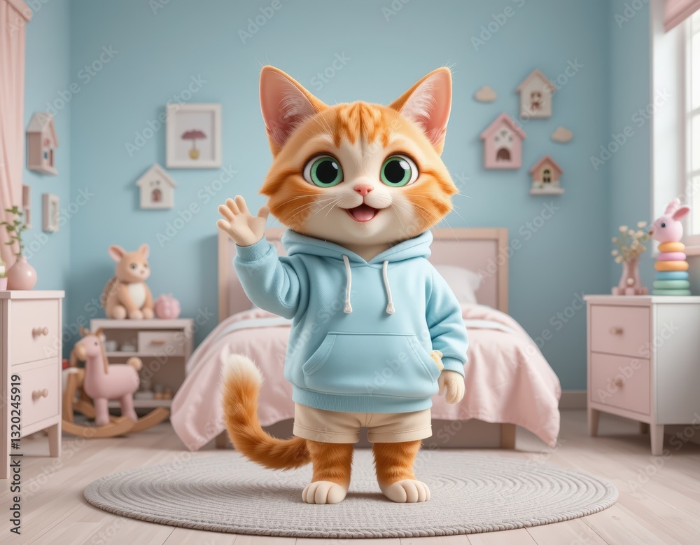 Fototapeta premium Cute Cartoon Cat Waving in Cozy Pastel Bedroom Interior