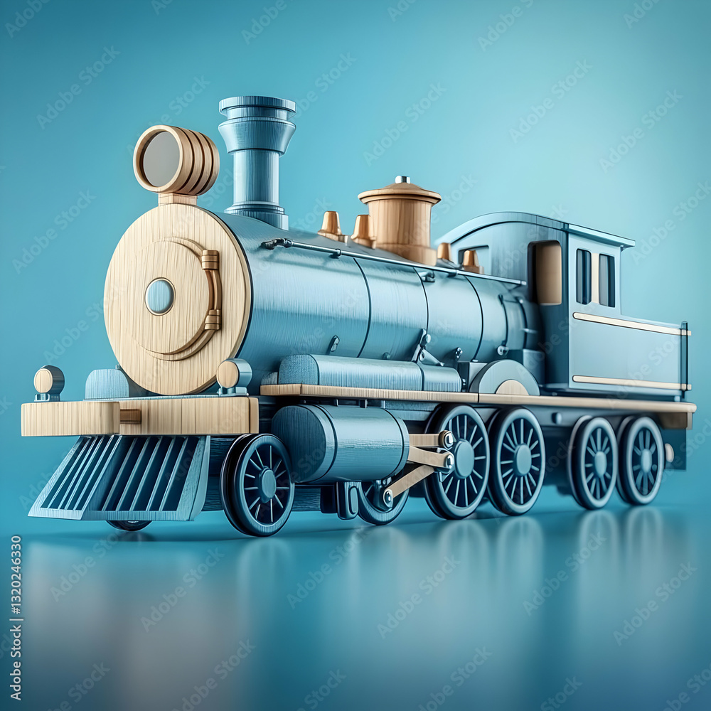 Naklejka premium 3D Render of a Blue and Wood Toy Train on a Blue Background, Detailed Model with Wheels and Realistic Texture