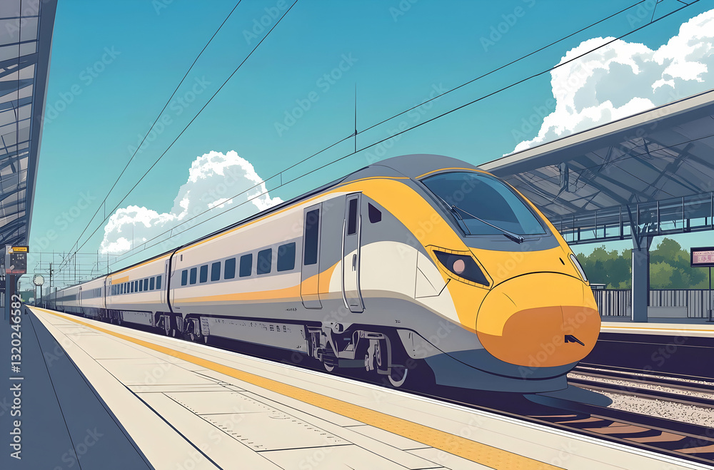 Fototapeta premium High-Speed Train at Modern Urban Railway Station Under Bright Blue Sky with Fluffy Clouds in Daytime Environment