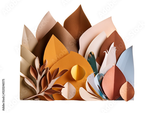 cut-out paper shapes layered artistically, isolated on white background