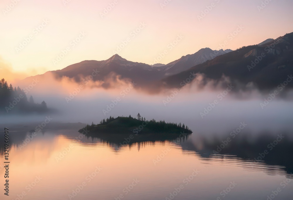 Misty dawn blankets a serene lake, mountains reflected in still water, tranquil dawn, travel Misty dawn blankets a serene lake, mountains reflected in still water, tranquil dawn, travel