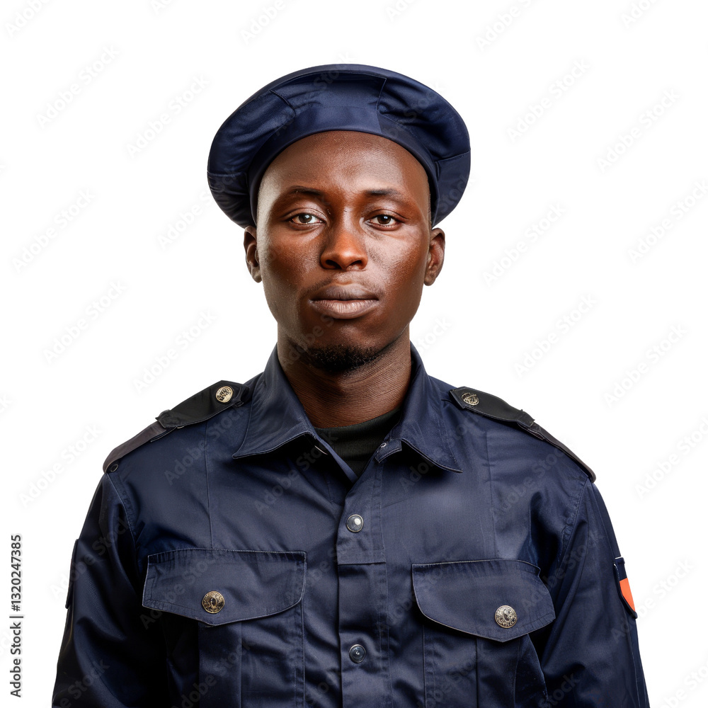 Confident Male Security Guard in Uniform Posing on a Plain Background