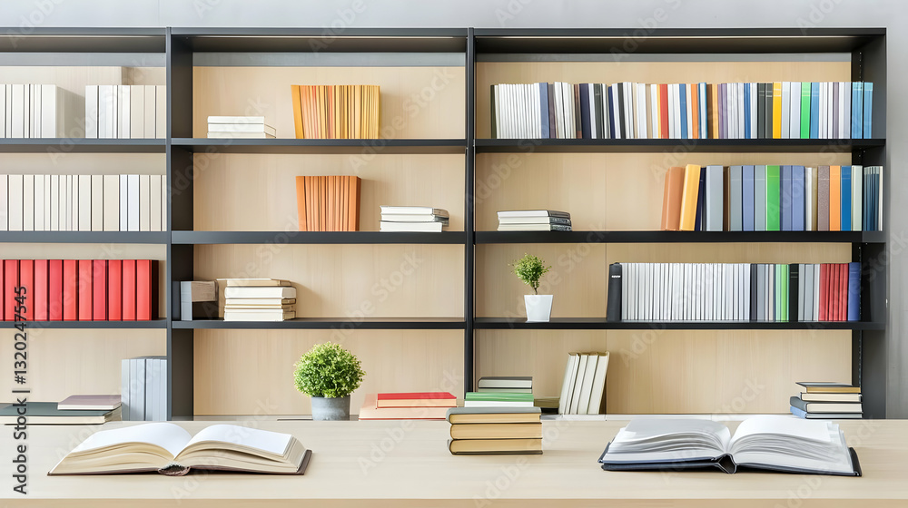 Modern Bookshelf with Open Books on a Desk, Illustrative Background Image of a Study Area. Modern Bookshelf with Open Books on a Desk, Illustrative Background Image of a Study Area.