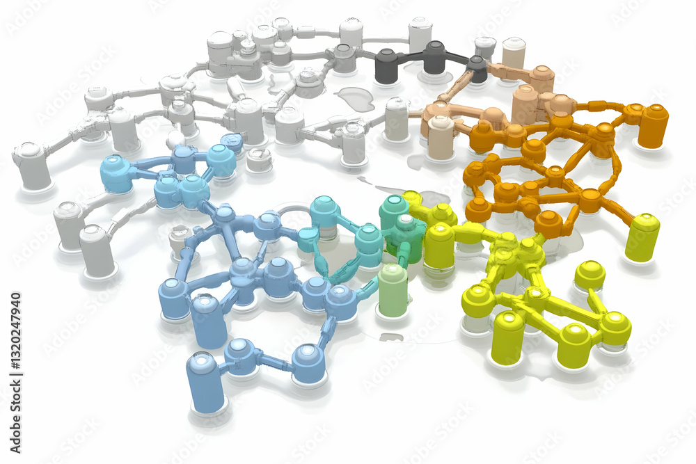 Abstract 3D Render of Interconnected Cylindrical Nodes forming a Complex Network Structure on White Background