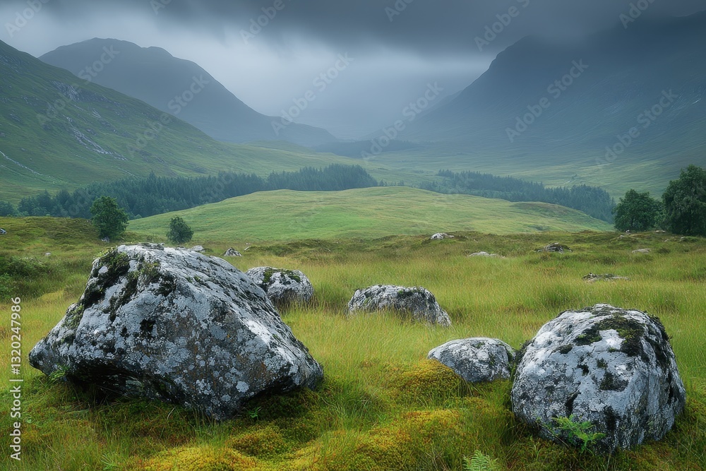 Serene Misty Landscape with Rocks and Rolling Green Hills Serene Misty Landscape with Rocks and Rolling Green Hills