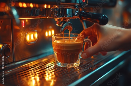 Close up of a barista operating an espresso machine preparing a cappuccino with ground coffee in cafes