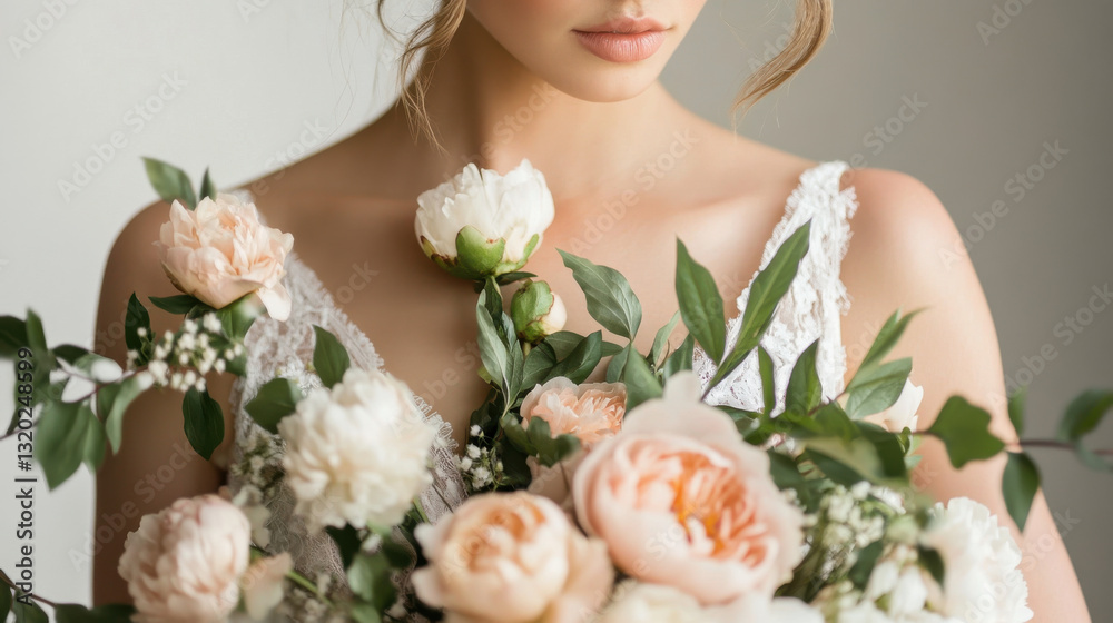 A sophisticated floral pattern showcasing soft peach and ivory peonies intertwined with delicate vines, arranged in an organic and balanced composition A sophisticated floral pattern showcasing soft peach and ivory peonies intertwined with delicate vines, arranged in an organic and balanced composition
