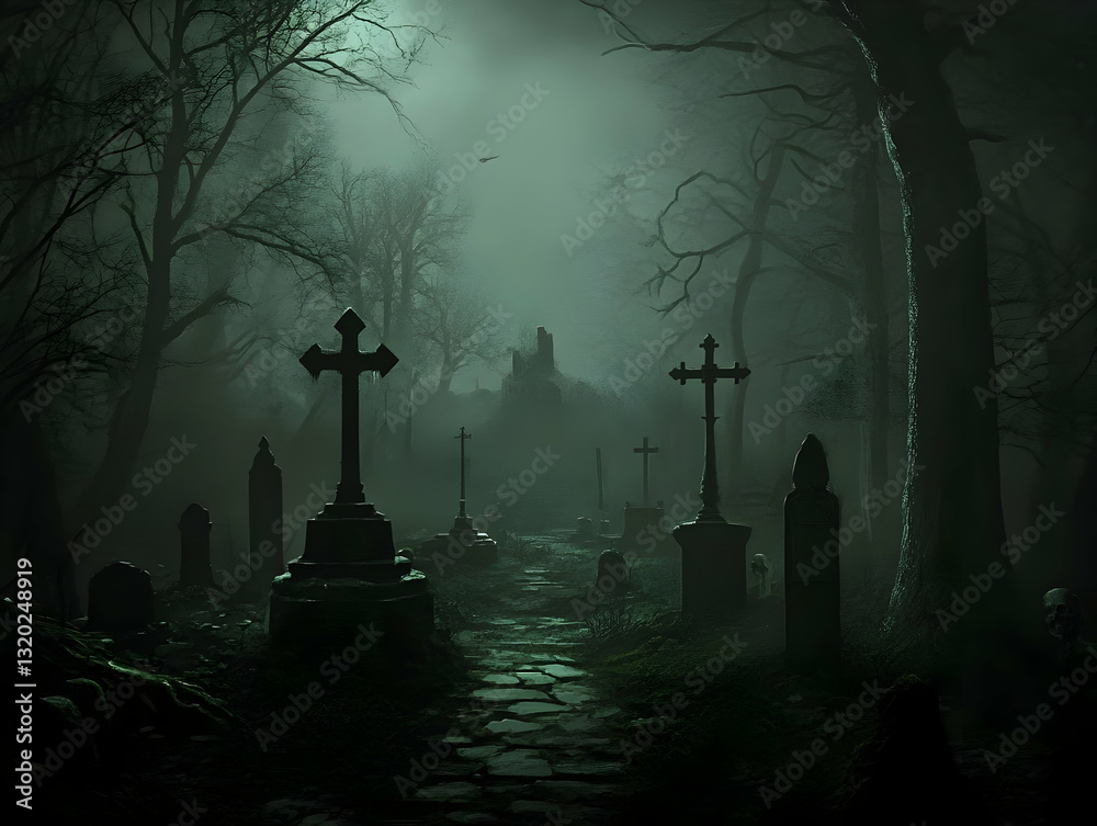 Dark Foggy Forest Path Leads to Old Cemetery with Crosses and Tombstones at Night