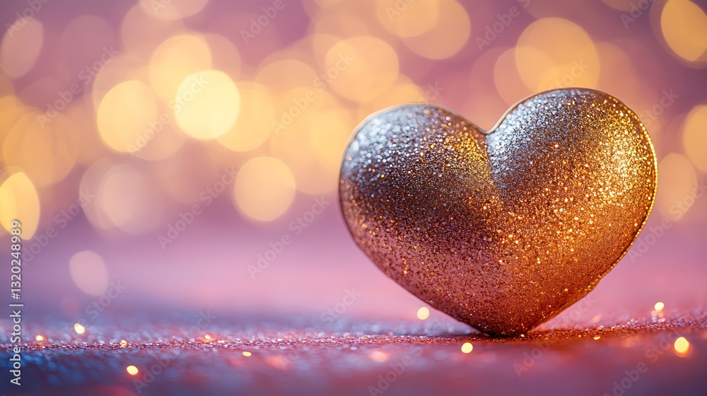 Obraz premium A sparkly gold heart rests on a textured pink surface with lights