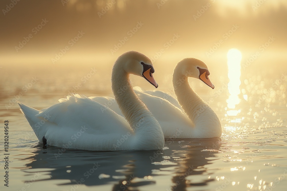 Swans Floating on Serene Seaside Landscape in Curonian Lagoon Kaliningrad Russia Swans Floating on Serene Seaside Landscape in Curonian Lagoon Kaliningrad Russia