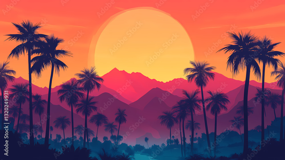 Naklejka premium Tropical Paradise: Capturing a vibrant sunset over a serene tropical landscape with silhouettes of palm trees against the colorful sky and mountain silhouettes, a scene of relaxation and escape.