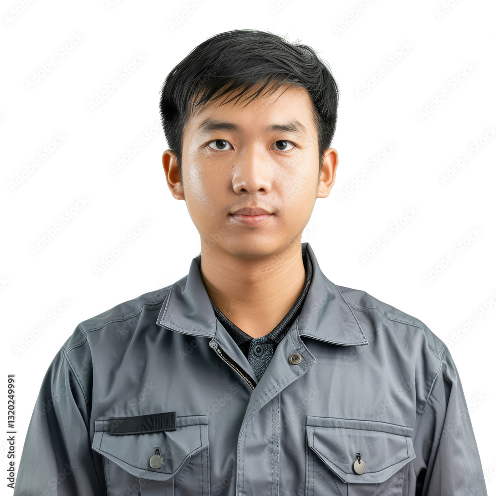 Young Man in Work Uniform Posing for Portrait with Serious Expression on White Background