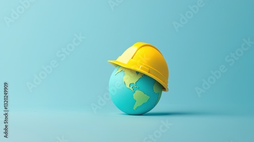 Creative and Colorful Representation of Earth Wearing Construction Hat Symbolizing Global Development and Environmental Awareness in Modern Workspaces