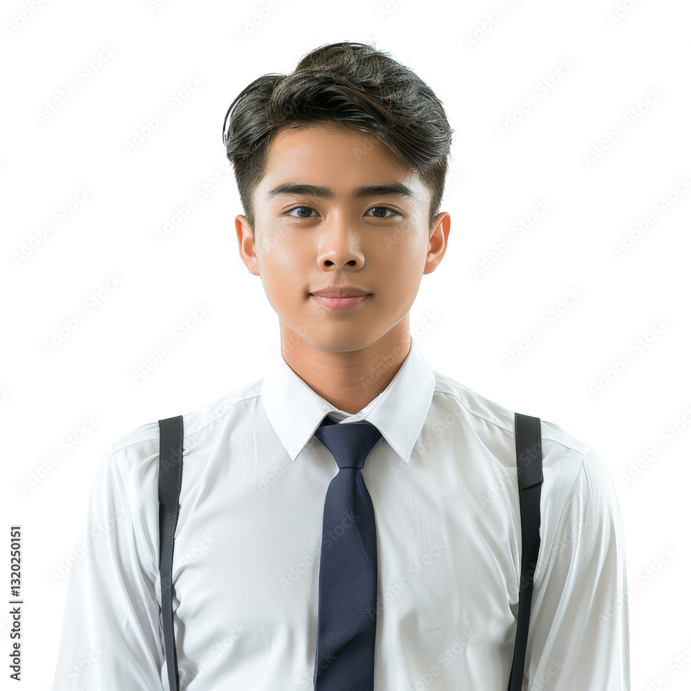 Young Asian Man in Formal Attire with Suspenders and Light Smile Against White Background Young Asian Man in Formal Attire with Suspenders and Light Smile Against White Background