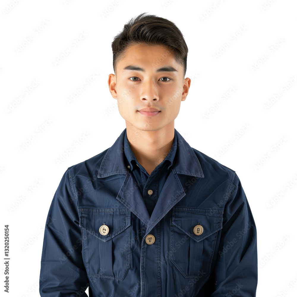 Young man in blue jacket posing confidently with serious expression on white background Young man in blue jacket posing confidently with serious expression on white background