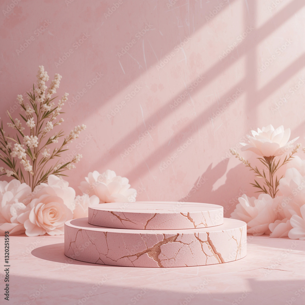 Blank Contemporary pink Stone Podium, front view focus, with pink cloud Background, ideal for eco-friendly and skincare product displays.