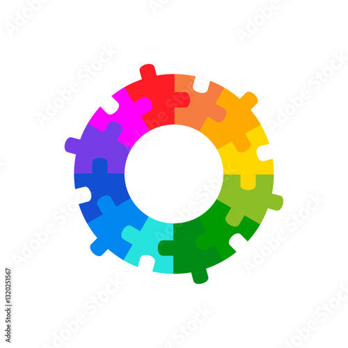 Twelve pieces colorful puzzle circle. Vector isolated on white background.
