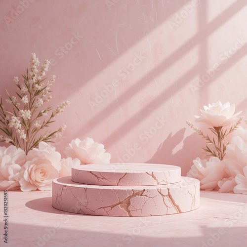 Obraz na płótnie Blank Contemporary pink Stone Podium, front view focus, with pink cloud Background, ideal for eco-friendly and skincare product displays. w salonie