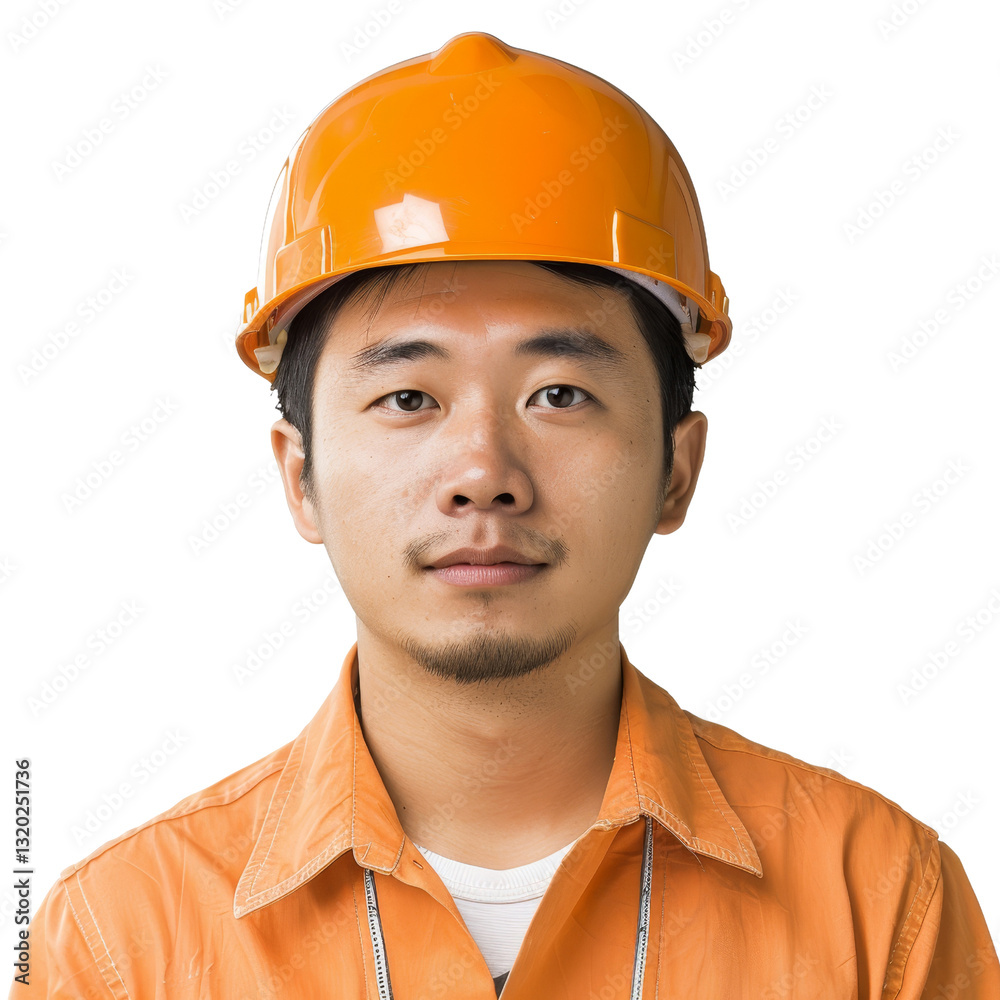 Portrait of a Construction Worker Wearing an Orange Hard Hat and Work Uniform Portrait of a Construction Worker Wearing an Orange Hard Hat and Work Uniform