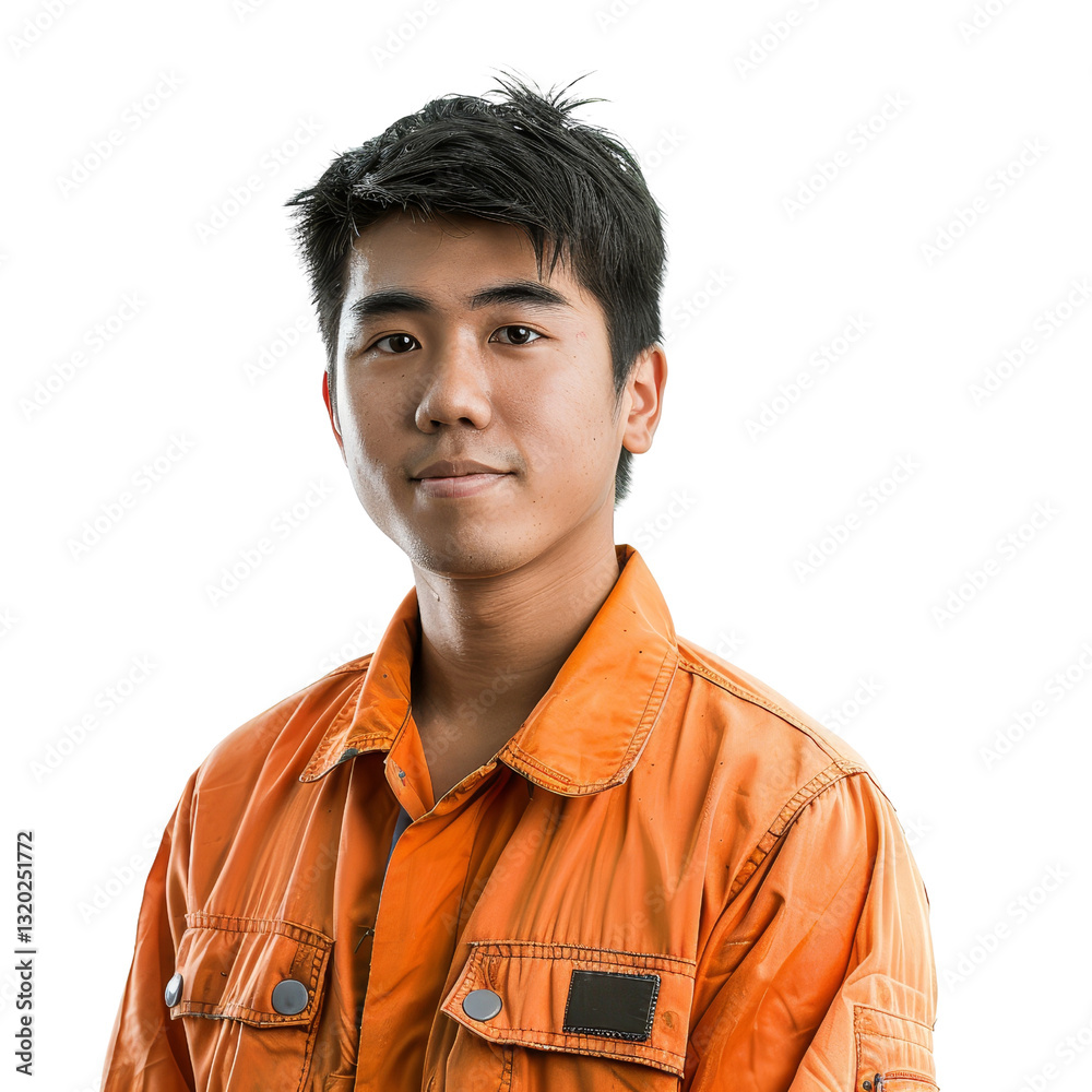Young Male Wearing Bright Orange Jacket in Studio Portrait with Neutral Background Young Male Wearing Bright Orange Jacket in Studio Portrait with Neutral Background