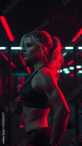Athletic Woman Poses in Dramatic Neon Gym Lighting, Fitness and Strength,  Red and Teal Illumination.